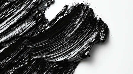 A thick shiny black brushstroke on a white background, hand-drawn. Black smudged textured brush. Abstract background for the design. Rough brush strokes. Backdropの素材