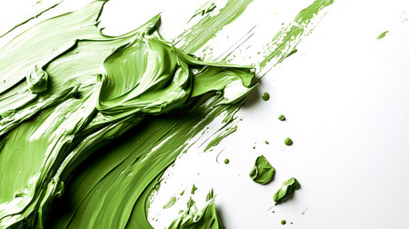 Green eco-background for the design. A smear of acrylic herbaceous paint on a white background. Splashes and splashes of green paint, hand-drawn. The brush strokes are thick and textured. The scene is chaotic and messy.の素材