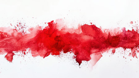 Abstract red watercolor line with drops and splashes on a white background, hand-drawn. Expressive streaks of bloody paint. A texture spot. An element for the design. The die for the textの素材