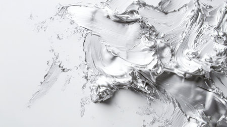 Splashes of silver paint on a white background. A backdrop for the design. Smeared strokes of a silver brush, hand-drawn. The spray is dense and very textured. The scene is abstract and artistic.の素材