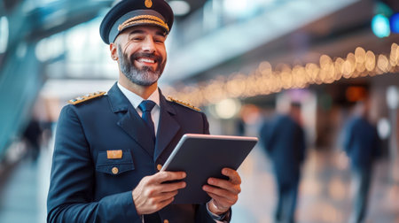 The epitome of professionalism and confidence. A smiling elderly man in a pilot's uniform stands with a tablet in his hands in the airport building. Travel and tourism. A successful prepare pilots for a flight.の素材