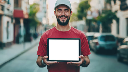A man holds a tablet with a white blank screen in his hands and smiles standing in the middle of a city street. Tablet mockup. Presentation of a website or application for the city. He is standing on the street, cars are visible in the background.の素材