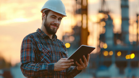 An engineer in a white construction helmet holds a tablet in his hands. An inspector with a tablet in his hands checks the work of construction workers at sunset. The concept of a successful factory worker.の素材