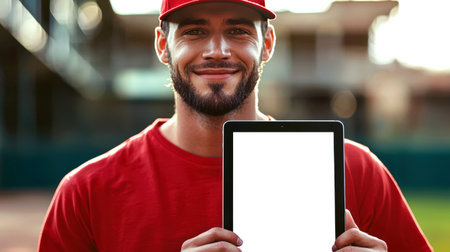 A handsome baseball player in a red shirt is holding a tablet with a white screen. Tablet mockup. Presentation of a website or application for athletes. An invitation to the match. Sports betting. The guy is smiling and happyの素材