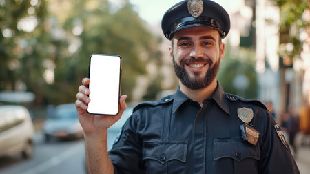 A policeman holds a cell phone with an empty white screen in his hands while standing in the city. Phone mockup. Presentation of the mobile application. An officer in the service of order. Protecting peopleの素材