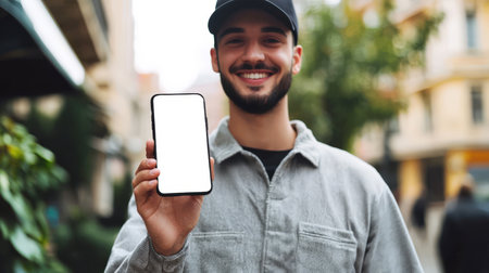 A mockup of a stylish phone. Presentation of the mobile application. A positive man holds a cell phone with an empty white screen in his hand and smiles. He stands in front of the building against a backdrop of treesの素材