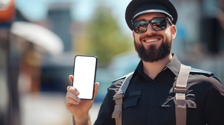 A happy bearded policeman in a stylish uniform holds a cell phone with a white screen in his hand. Phone mockup. Recruitment of police officers. Law and order. He's smiling and happy.の素材