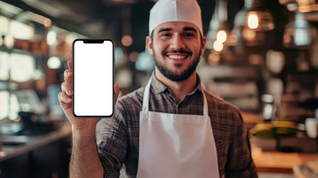 A baker in a white apron and a chef's hat stands with a white-screen phone in his hand. Phone mockup. Working in a bakery. A happy man stands in the kitchen of a cafe. Online shoppingの素材