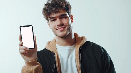 The concept of online education. Part-time job for students. An attractive man is holding a phone with an empty white screen in his hand. Presentation of a mobile application for students. He's smiling and happy.の素材