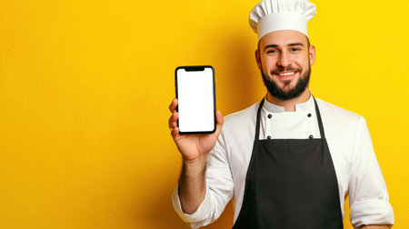 The smiling chef of the restaurant holds a modern white-screen phone in his hand. Phone mockup. A man in a white chef's suit and a black apron stands on a yellow background. Presentation of the mobile applicationの素材