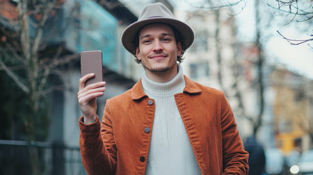 A stylish guy in a brown jacket and a gray hat with a mobile phone in his hand is walking around a European city. Influencer. Modern youth and technology. He's smiling and happy.の素材