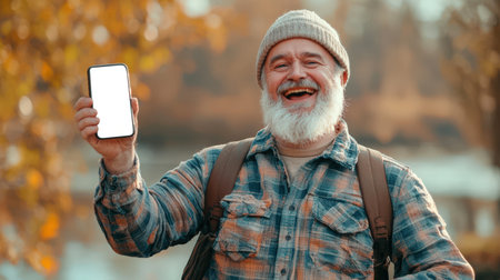 A happy elderly man with a gray beard holds a cell phone with an empty white screen in his hand. Phone mockup. Active old age. Advertising of a mobile application for pensioners. The old man is smiling and happyの素材