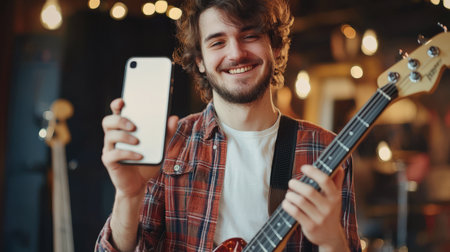 An authentic guitarist. Guitar lessons. A happy musician plays guitar at a concert. The guy is holding a cell phone and a guitar. He's smiling and happy about what he's doing.の素材