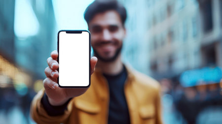 A guy holds a white-screen phone in his hand while standing on a busy street. Presentation of the taxi mobile application. Phone mockup. The man is smiling and happy to use modern technology in his life.の素材