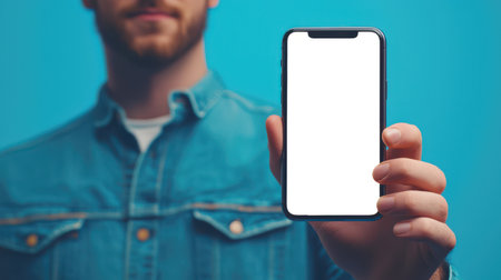 A man in a denim shirt holds a cell phone with a white screen on a blue background in his hand. Phone mockup. Discounts, promotions, and sales. The concept of modern technologies and communications. Presentation of the mobile application.の素材