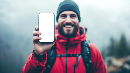 Travel and tourism. A phone mockup for the presentation of a mobile navigation application. A male tourist holds a white-screen phone in his hand and smiles in the fog. He is wearing a red jacket and a black backpack.の素材
