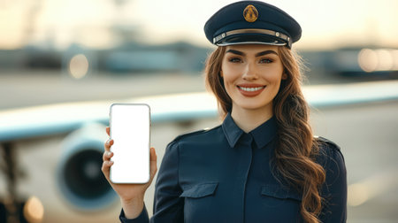 The pilot's assistant stands by the plane and holds a cell phone with an empty white screen in his hand. A mockup of the phone in the hand of a beauty stewardess standing on the runway. Presentation of the mobile application. She's smiling and happy.の素材