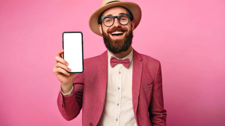 A cheerful, positive presenter in a pink jacket and with a hat on his head holds a mobile phone with a white blank screen in his hand. Phone mockup. Presentation of a website or mobile application about discounts, promotions and sales. Online shoppingの素材