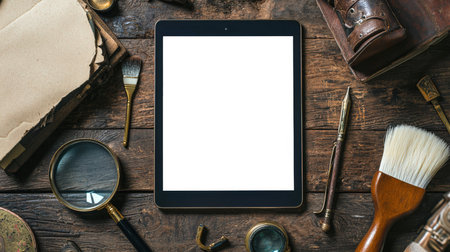 View of the archaeologist's desk, top view. Tablet mockup. A modern tablet sits on a wooden table, next to a brush, a pen, old notes and a magnifying glass. The concept of studying antiquities. The stage creates an atmosphere of creativityの素材