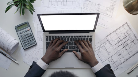 A man is typing on a laptop with a white screen on a table with architectural plans and drawings, top view. Mockup of the architect's laptop. Presentation of the website. Architect's workplaceの素材