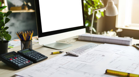 A computer monitor stands on a table next to drawings, architectural plans, a calculator, a keyboard, a ruler, etc. Computer mockup. The architect's workplace. Website presentationの素材