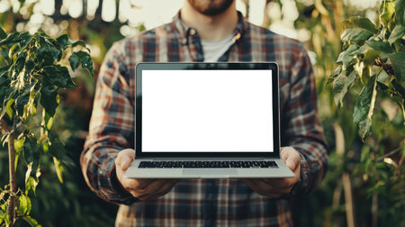 A male gardener in a plaid shirt holds a laptop with a white blank screen in his hands. A mockup of a stylish laptop. Gardening website advertisement. Modern technologies.の素材