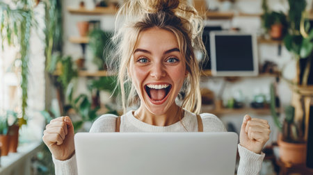 The concept of winning at an online casino. A young, happy woman is smiling while sitting at an open laptop in a room full of green potted plants. Discounts, promotions, and sales. Is she worried about somethingの素材