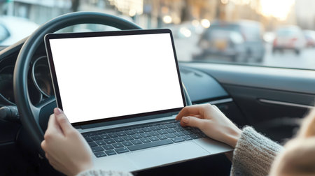 A woman is sitting at the wheel of a car with an open laptop in her hands. Laptop mockup. The concept of productivity and focus. Online shopping. Online car driving training. A businesswoman. Navigation.の素材