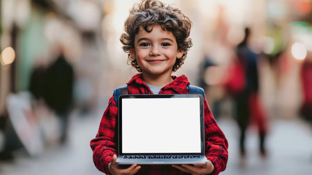Laptop Mockup in the hands of a child. A pretty little boy with curly hair is holding a laptop with a white screen. The concept of online education for children. He smiles and is proud of this device.の素材