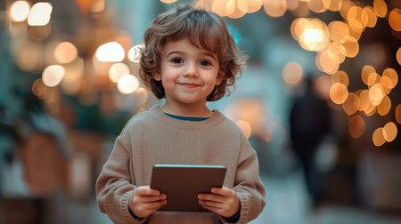 Parental control. A cute little boy holds a tablet in his hands and smiles. A new game or app. Online education. The idea of happiness and excitement when a child enjoys his new device.の素材