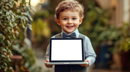 A cute white kid is holding a laptop with a white blank screen. He's wearing a bow tie, a stylish shirt, and a vest. Laptop mockup. The concept of children's education. Presentation of the website.の素材