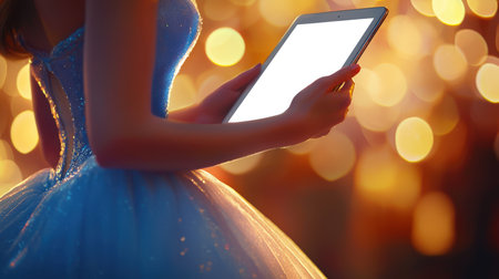 A woman holds a tablet in her hands. A mockup of a tablet for an invitation to a children's party. Fairy tale and magic. Cinderella is wearing a blue dress. Online games for girls. Online shoppingの素材