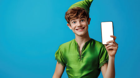 Online shopping for Halloween. A children's masquerade. A boy in a green Peter Pan suit holds a cell phone with a white screen in his hand. Phone mockup. An invitation to a fairy tale. The boy is smiling and he is happyの素材