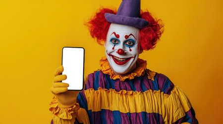 The clown holds in his hand a stylish phone with a white screen on a yellow background. Presentation of a website about circus performances or magic tricks. Phone mockup. An invitation to a children's matinee. Happy man in clown costumeの素材
