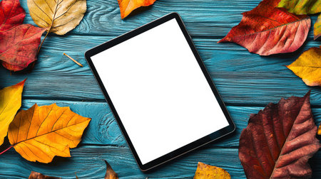 On a blue wooden table lies a modern black tablet with an empty white screen. Back to school. Tablet mockup. Presentation of the website. Online shopping. Golden autumn. The concept of autumn and the beauty of natureの素材