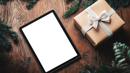 A simple Christmas tablet mockup. A stylish black tablet with a white screen lies on a wooden table next to a gift box and fir branches. The concept of anticipation and excitement. Presentation of the website or applicationの素材