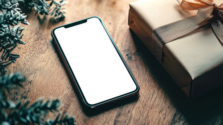 Phone mockup. The concept of finding a gift for a wedding, anniversary, birthday and other holidays. Charity. A white-screen mobile phone sits on a wooden table next to a stylish gift box. The concept of anticipation and excitementの素材