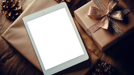 A luxurious gift for Christmas, anniversary or wedding. Birthday. Tablet mockup. A modern tablet with a white blank screen, top view. The concept of charity. The tablet is lying next to an expensive gift and conesの素材