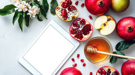 The history of Judaism. Tablet mockup. Rosh Hashanah is the Jewish New Year, celebrated in September. A stylish tablet with a white screen surrounded by traditional Jewish treats for the new year. Website advertisingの素材