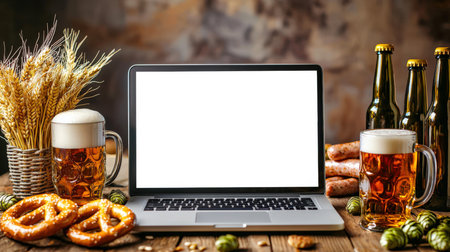 The atmosphere of the end of the working day or week. A laptop Mockup surrounded by glass mugs of frothy beer, pretzels, sausages, beer bottles, hop cones and wheat ears. An open laptop sits on a table next to a pile of beer bottles.の素材