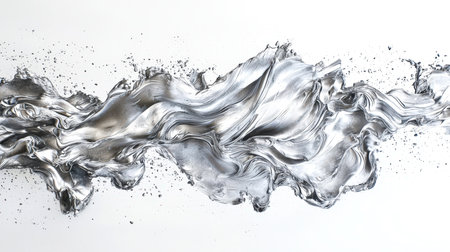 Thick silver acrylic paint spreads on a white background, top view, close-up. A shining silvery wave with drops and splashes. An expressive element for the design. The concept of motion and energyの素材