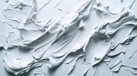 Plaster. A white background with a thick white substance similar to paint or glue. The substance is scattered and has a disorderly appearance. Chaotic strokes of acrylic paint, close-up, top view. Backdropの素材