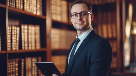 Portrait of a successful, personable lawyer in glasses and a suit in an office library. A man in a stylish suit and tie holds a tablet in his hands. This is a businessman or entrepreneur. He's smiling and happy.の素材