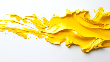 Splashes of bright yellow paint on a white background. A sunny brushstroke with drops and splashes, hand-drawn. The spray is long and has a wavy shape. The yellow paint is thick and has a rich textureの素材