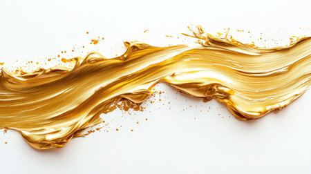 A luxurious gold element for the design. A textured smear of golden acrylic paint on a white background. Golden expressive strokes and splashes of gold paint on a white canvas. The spray is long and curved, giving the impression of a wave.の素材
