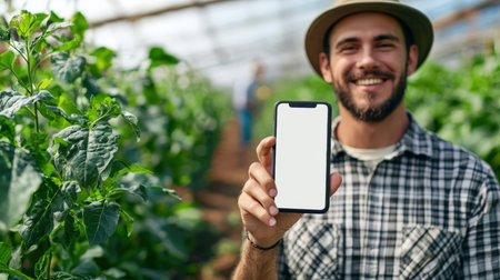 A happy gardener in a hat and shirt holds a cell phone with a white screen in his hand while standing in a greenhouse with green plants. A phone mockup for the presentation of a mobile application. Discounts, promotions, and sales.の素材