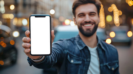 A bearded, happy man holds a white-screen phone in his hand and smiles while standing on a busy city street. A phone mockup for the presentation of a city mobile application. Order a taxi or navigateの素材