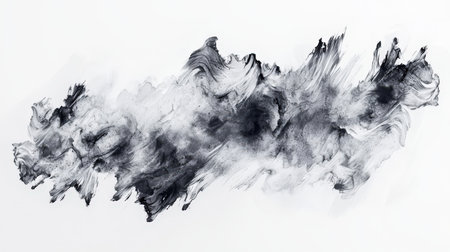 A black watercolor stain spreads over a white background. An abstract element for the design. A stroke of a black watercolor brush, hand-drawn. The image is a black and white wave pattern. The wave is very long and contains a lot of detailsの素材