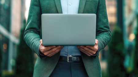 Business concept. A stylish, fashionable man dressed in a green jacket holds a laptop with a white screen in his hands. The concept of professionalism and productivity, since a man is most likely to use a laptop for work or other important tasks.の素材