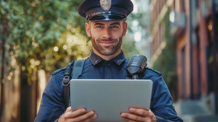 Law and order. A successful police officer, smiling, holds a tablet in his hand. The idea of authority and professionalism, since the employee is dressed in a uniform and uses a tablet or laptop. A policeman at work in the cityの素材